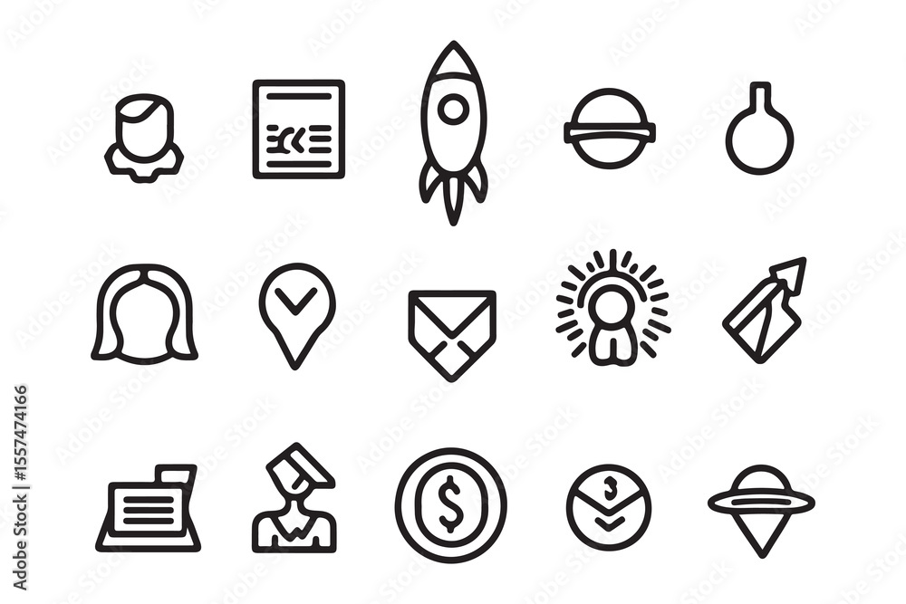 Fototapeta premium Black line icons depicting business meeting, rocket launch, planet, and money related items