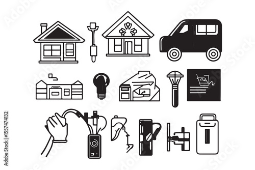 Black line art presents home building, light bulb, car, and other everyday appliances