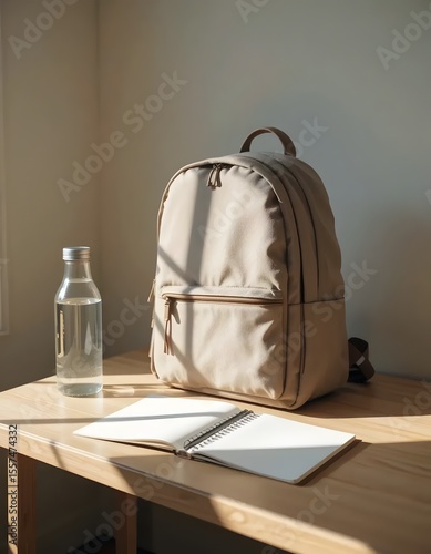 Backpack and Essentials: A minimal composition featuring a backpack, a water bottle, and an open notebook on a wooden surface. The scene is bathed in soft, natural light.