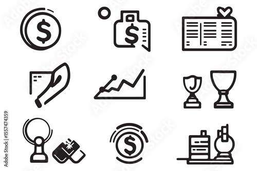 Black outlined business icons portray dollar, moneybag, analytics chart, trophy, and building isolated