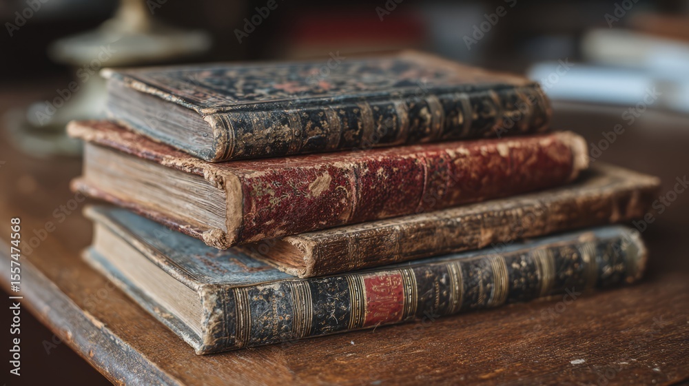 Obraz premium Stack of antique books with worn leather covers on a rustic shelf, evoking timeless wisdom and nostalgia. 