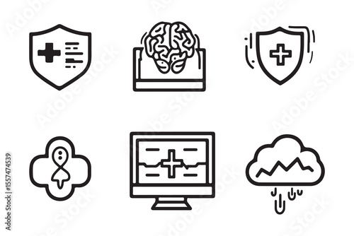 Distinct health icons represent medical technology alongside brain monitoring and cloud service in a line arrangement