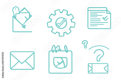 Isolated cyan line icon set displays symbols for schedule, settings, files, messaging and support, transparent