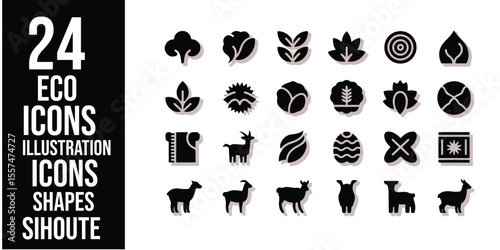A collection of twenty four eco icons showing plants and animals in black silhouette on a white background