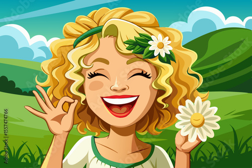 vector of The curly blonde girl with a white flower on the side of her hair is laughing and showing her thumb as an ok sign. Behind him is a green field.