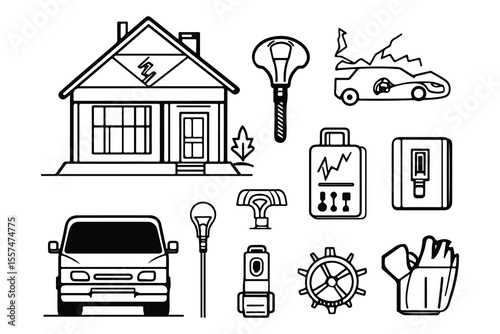 Line art depicts household icons like a house, van, light bulbs and damage