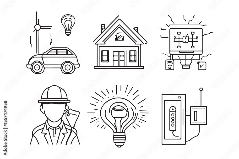 Fototapeta premium Outlined diagrams illustrate energy, including an engineer, car, house, server, and smartphone transparent