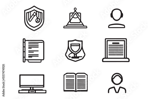 Outline art displays academic and technical achievement, alongside communication technology on a transparent background