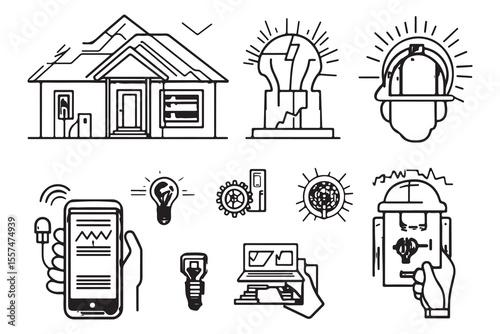Outline icons showcase energy infrastructure including smart homes and electrical work on a transparent background