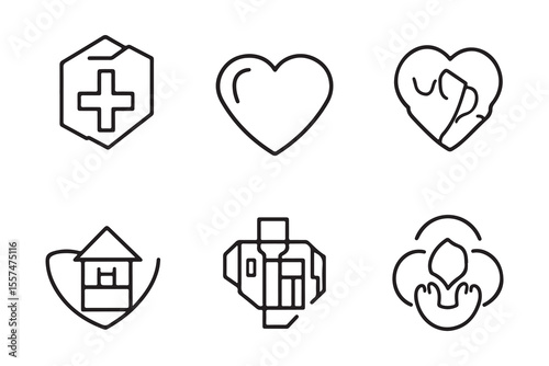 Six line icons representing medical care, love, home, and family are aligned on a white surface