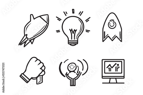 Six monochrome icons depict a rocket, lightbulb, hand, and computer showing a growth chart