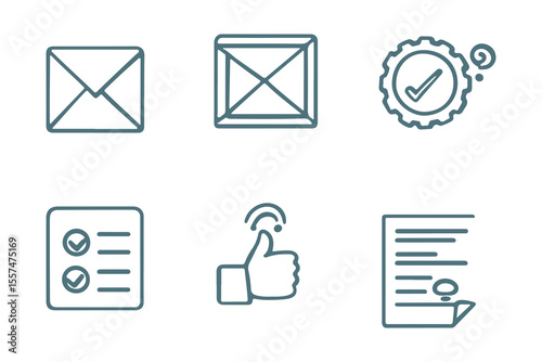 Six outline icons depict mail, box, gears, checklist, thumb up, and document isolated on white