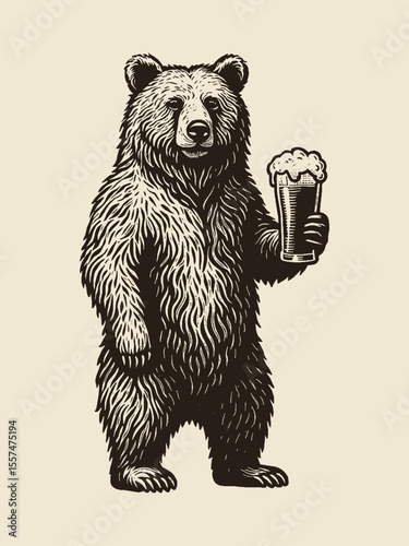 Bear with beer glass vintage engraving style vector illustration