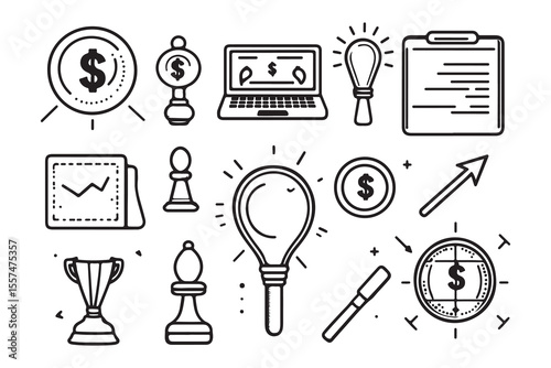 Various business strategy elements like coin, laptop, trophy, and lightbulb are presented on white
