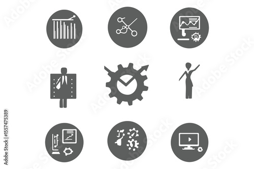 Various businessrelated icons are displayed in a circular gray backdrop on the pure white background