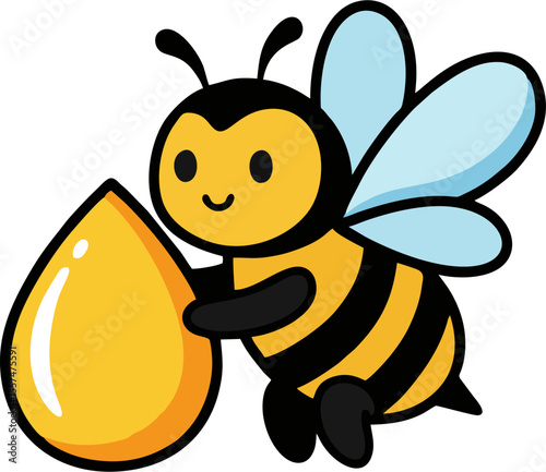 Cartoon bee holding a large drop of honey, featuring a smiling face and striped body.