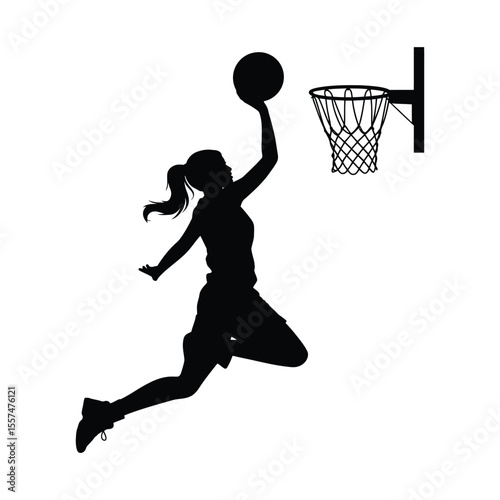 Silhouette of a female basketball player making a slam dunk with white background