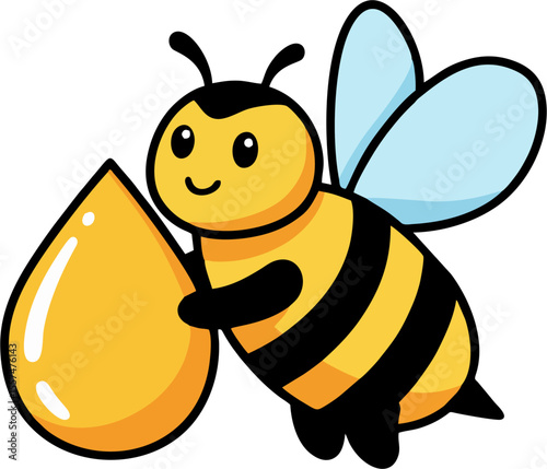 A cheerful cartoon bee proudly presents a large golden honey droplet.