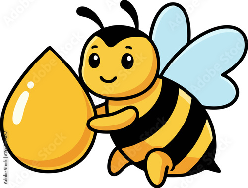 Cheerful cartoon bee holding a large golden drop of honey, smiling.
