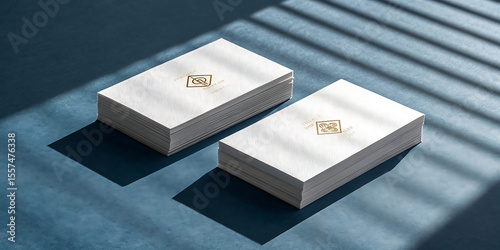 An isolated wedding celebration gift box holds gold and silver rings, adorned with a decorative ribbon and bow, White Business card on blue background. 
