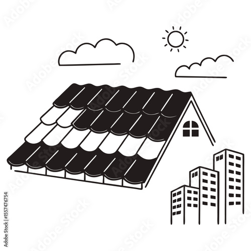 Dark brown roof. Graphic elements for construction website. Roof tiles and beautiful stickers, building design, modern buildings. Cartoon flat vector illustration isolated on white background