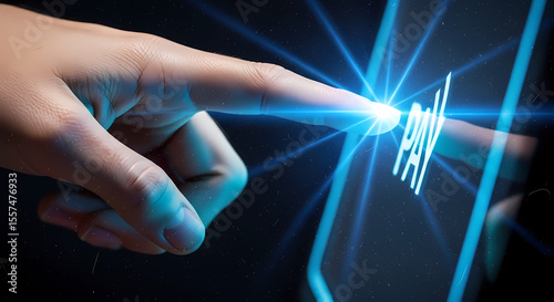 Fingertip activates digital payment interface, glowing blue light effect.