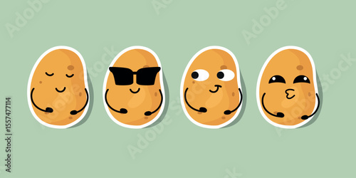 Potato characters with multiple facial expressions in cartoon style isolated on white background