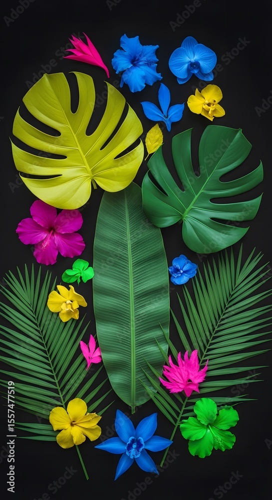 Obraz premium Vibrant Tropical Flowers and Leaves A Bold, Colorful Composition