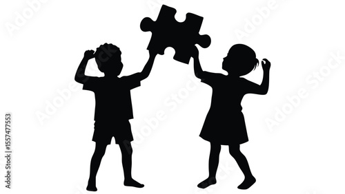 Black silhouette of children holding  pieces of a puzzle isolated on white background