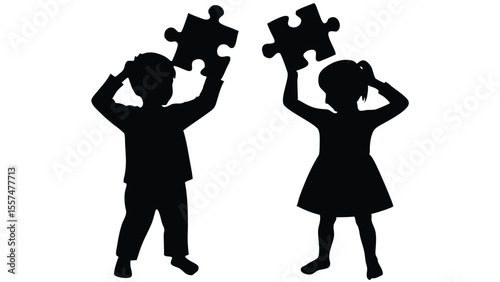 Black silhouette of children holding  pieces of a puzzle isolated on white background