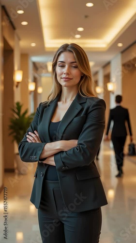 Confident Professional Woman in Business Suit Standing in Luxury Hotel Lobby for Corporate Videos, Leadership Training, and Executive Presentations