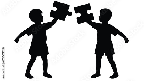 Black silhouette of children holding  pieces of a puzzle isolated on white background