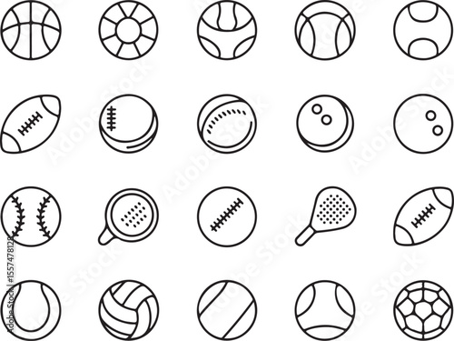 Sports Balls Icon Set: A crisp, minimalist vector illustration presenting a comprehensive collection of iconic sports balls, perfect for sports-themed designs.