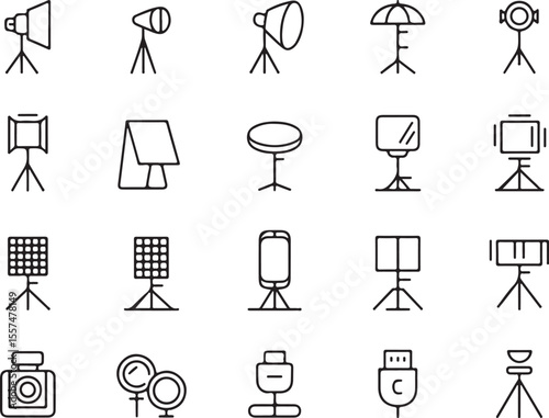 Lighting Equipment Illustration: An array of stylized illustrations of studio lighting equipment, from spotlights to softboxes, arranged on a simple background for a clean, artistic representation.