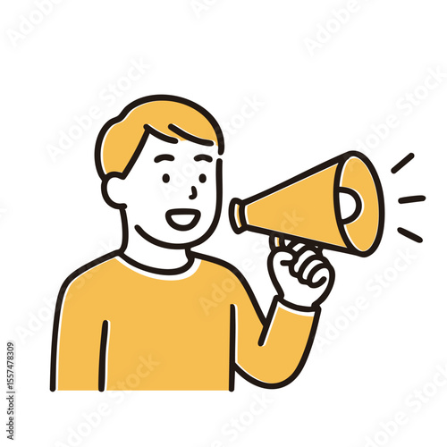 Man calling through megaphone, minimal line art illustration