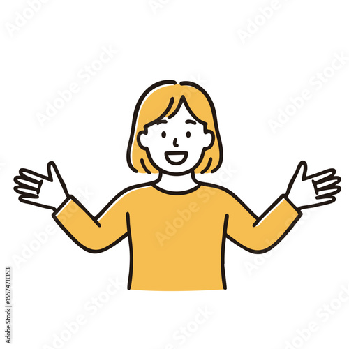 Woman spreading both arms welcoming, minimal line art illustration