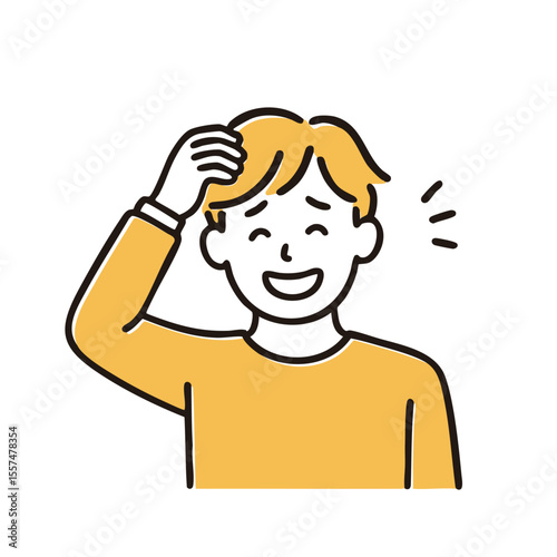 Man scratching head with shy smile, minimal line art illustration