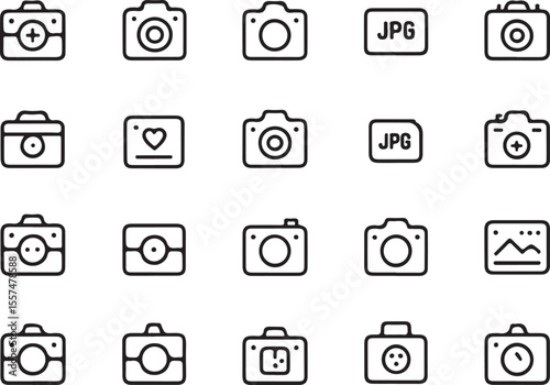 Camera Icon Set: A collection of camera icons, capturing the essence of photography and image capture. Featuring various designs, including different angles. 