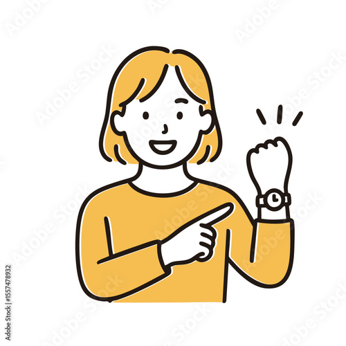 Woman pointing wristwatch for punctuality, minimal line art illustration