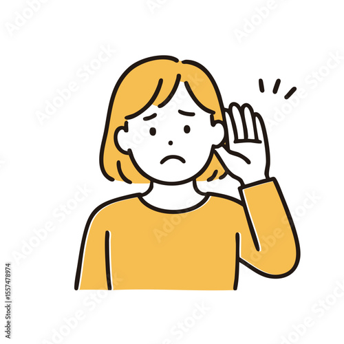 Woman cupping ear “Can't hear” gesture, minimal line art illustration