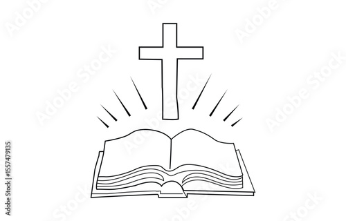 Bible Line Art Drawing. Continuous Line Drawing of Bible. Vector illustration. One line drawing  Christianity background.