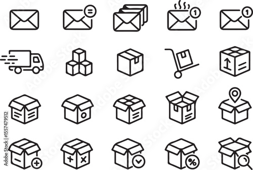 Communication and Delivery Icons: A collection of streamlined icons embodies the essence of message and package conveyance, a visual language of connectivity and transaction in the modern world.