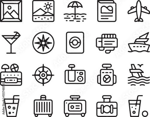 Collection of Travel Icons: A curated collection of travel-related icons in a minimalist style, showcasing essential elements for journeys and adventures.