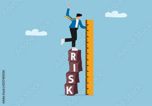 Businessman Climbing and Balancing on Unstable Risk Blocks beside Ruler. Concept of Measuring Business Risk, Growth Challenges, and Strategic Uncertainty in Corporate Management