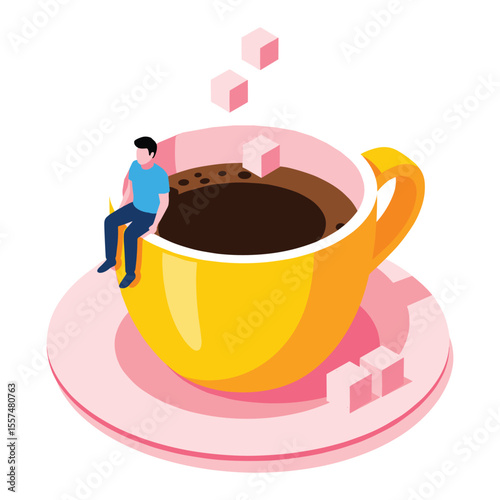 Tiny Man on Coffee Cup with Sugar Cubes