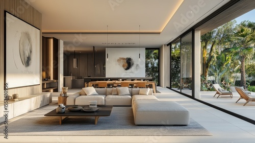 Modern luxury villa interior featuring large art pieces and open plan living dining space with natural materials, ideal for premium real estate investment and upscale property marketing