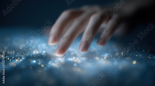 Fingertip touching glowing digital interface with bokeh light effect, futuristic technology concept with soft focus and depth