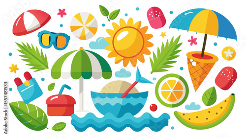 A bright and cheerful collection of summer icons is isolated on white background, showcasing tropical fruits, beach accessories, and refreshing drinks, creating a playful and vibrant mood