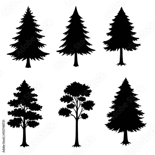 Wallpaper Mural Collection of  Simple Black Silhouette Tree Icons set:  Pine, Fir, and Deciduous Trees, Isolated on White Background. Torontodigital.ca