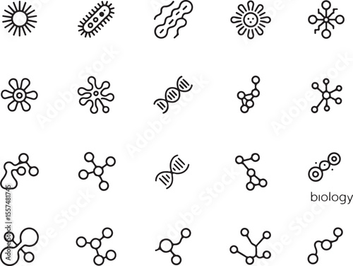 Biology icons collection: Illustration of a variety of biological icons in black and white, perfect for science and education projects, offering a simple and recognizable way to enhance your design.